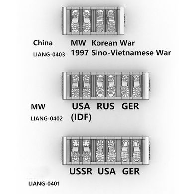 Набір штампів для імітації слідів взуття - 3 типи (Німеччина/СРСР/США WWII), 1/35, LIANG 0401