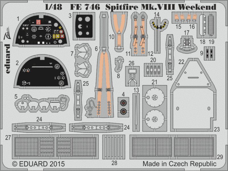 Збірна модель 1/48 Spitfire Mk.VIII (Weekend Edition) + фототравлення Eduard FE746, Eduard 84139