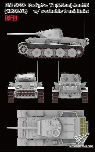 Збірна модель 1/35 Pz.Kpfw.VI (7,5cm) Ausf.b (VK36.01(H)) з робочими гусеницями, RFM RM-5036