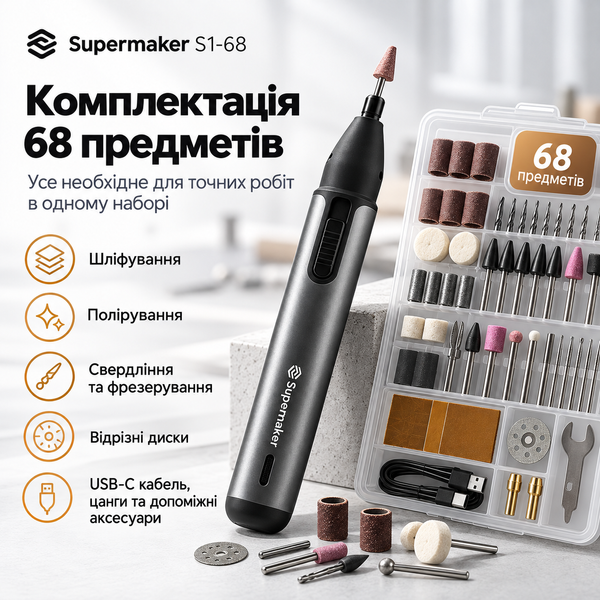 Електрична шліфувальна ручка з обертальним і зворотно-поступальним режимами, набір 68 предметів, Supermaker S1-68