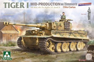 Збірна модель 1/35 Tiger I Pz.Kpfw.VI Ausf.E середніх випусків з циммеритом, борт Отто Каріуса з його фігурою в 1/16, Takom 2200