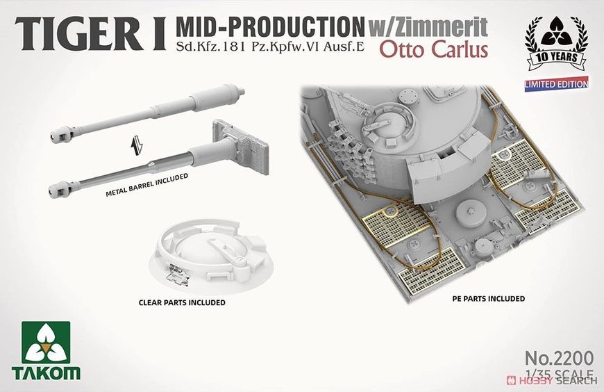 Збірна модель 1/35 Tiger I Pz.Kpfw.VI Ausf.E середніх випусків з циммеритом, борт Отто Каріуса з його фігурою в 1/16, Takom 2200