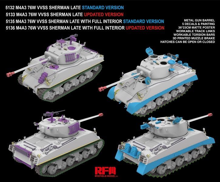 Збірна модель 1/35 M4A3 76W VVSS Sherman пізнього випуску (покращена версія), RFM RM-5133