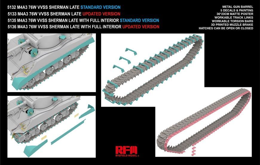 Збірна модель 1/35 M4A3 76W VVSS Sherman пізнього випуску (покращена версія), RFM RM-5133