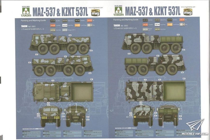 Збірна модель 1/72 Набір з двох тягачів КЗКТ-537Л та МАЗ-537 (дві моделі в одному наборі), Takom 5003