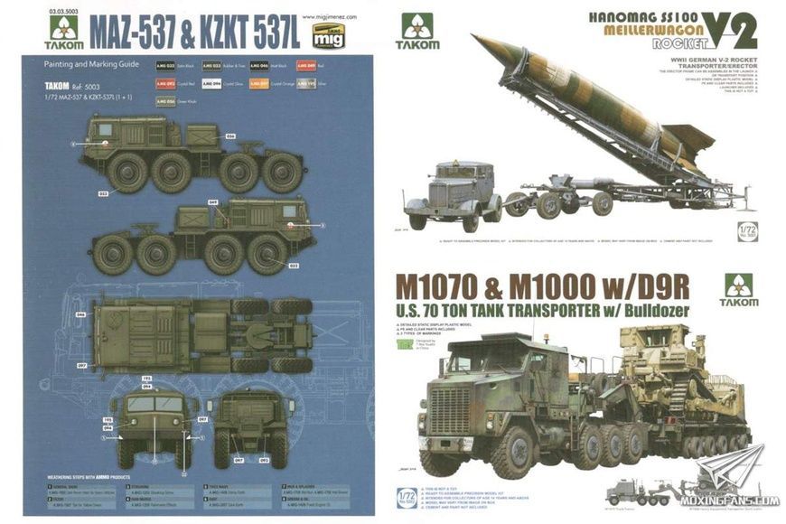 Збірна модель 1/72 Набір з двох тягачів КЗКТ-537Л та МАЗ-537 (дві моделі в одному наборі), Takom 5003
