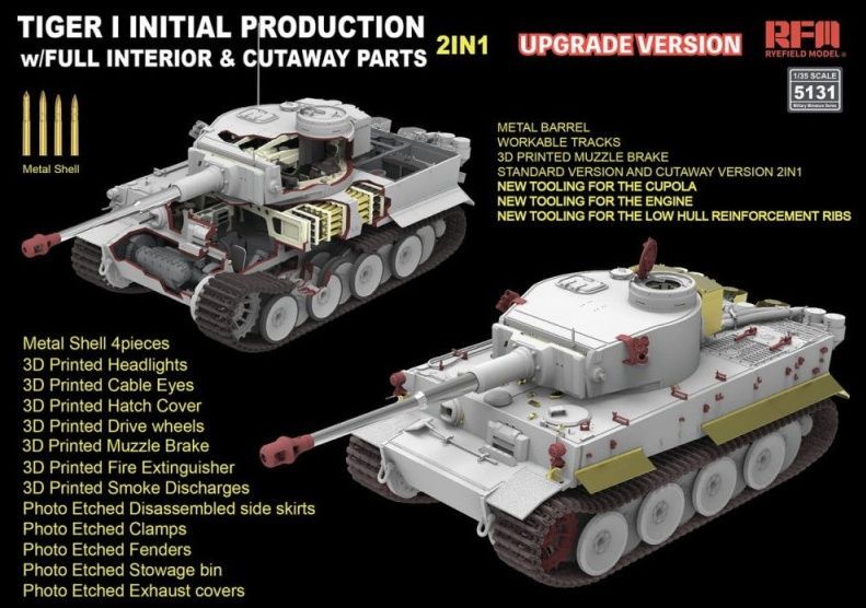 Збірна модель 1/35 Tiger I початкових випусків, з повним інтер'єром, покращена версія (2 в 1), RFM RM-5131