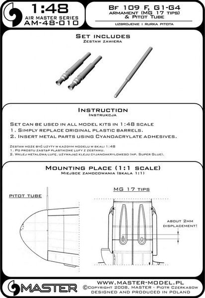 Стволи MG 17 і трубка Піто для Bf 109 F/G-1&ndash;G-4, 1/48, Master AM-48-010