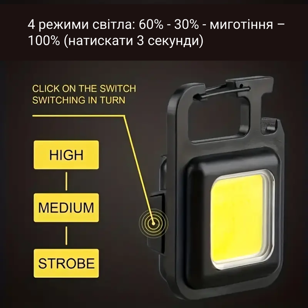 Яскравий ліхтарик-брелок COB 6W з акумулятором 500 мАг (2 штуки)