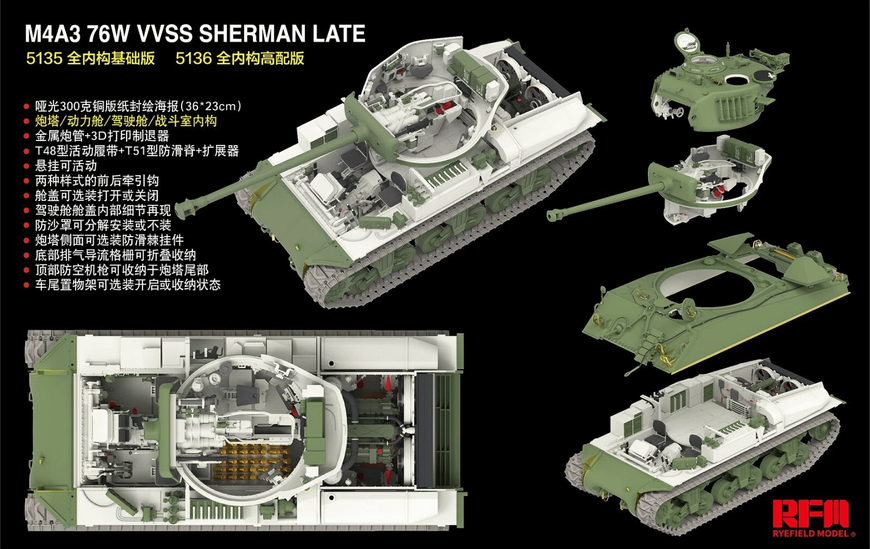 Збірна модель 1/35 M4A3 76W VVSS Sherman пізнього випуску з повним інтер&rsquo;єром (стандартна версія), RFM RM-5135