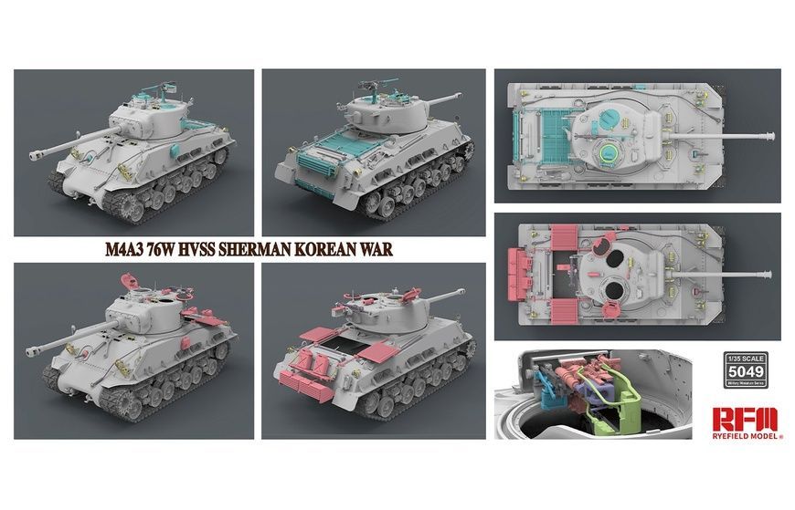 Збірна модель 1/35 M4A3 76W HVSS Sherman, війна в Кореї, з робочими траками, RFM RM-5049