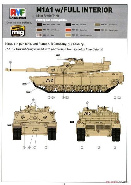 Збірна модель 1/35 M1A1/A2 Abrams з повним інтер'єром та робочими траками, RFM RM-5007